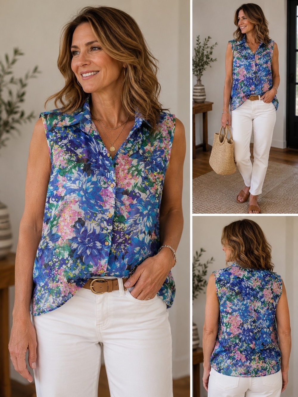 Lapis Sleeveless Floral Button-Front Top in Blue and Pink